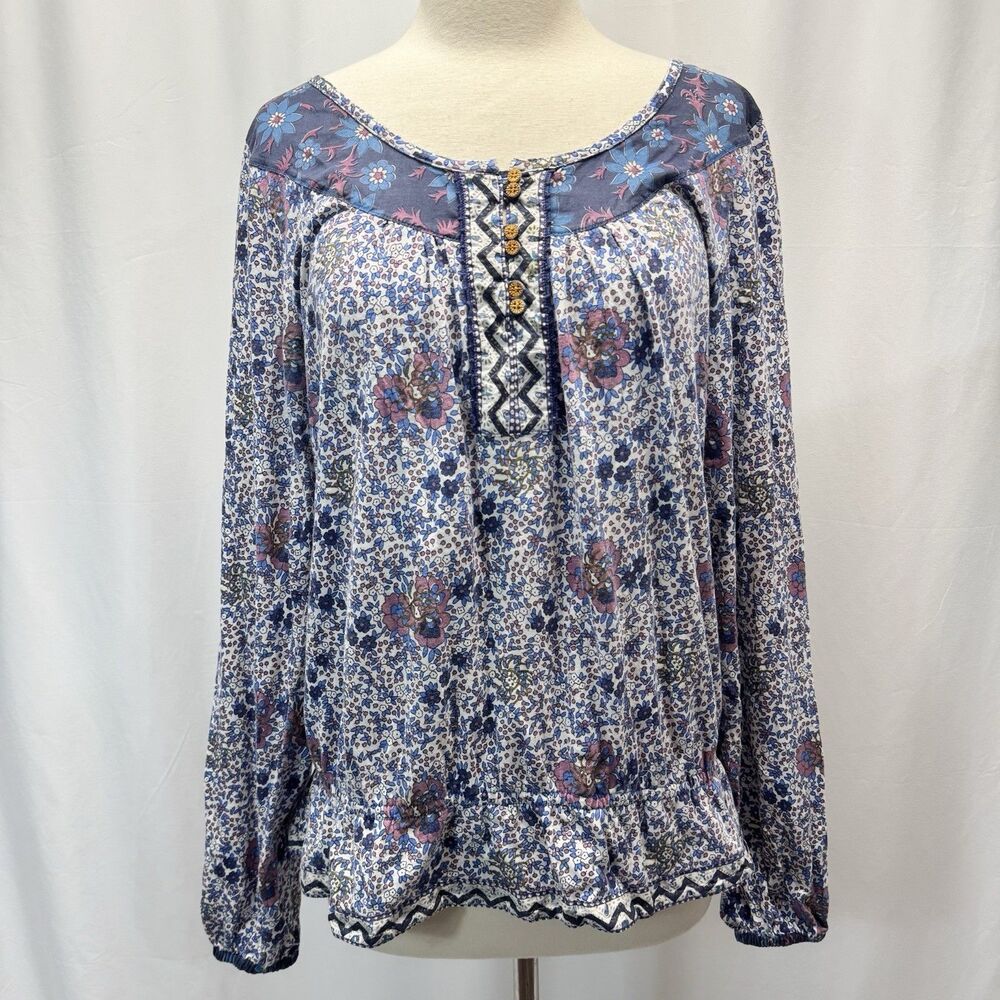 Lucky Brand Peasant Blouse Top L Blue Floral Boho Whimsy Fairy Cottage Y2K Ditsy - Picture 2 of 11